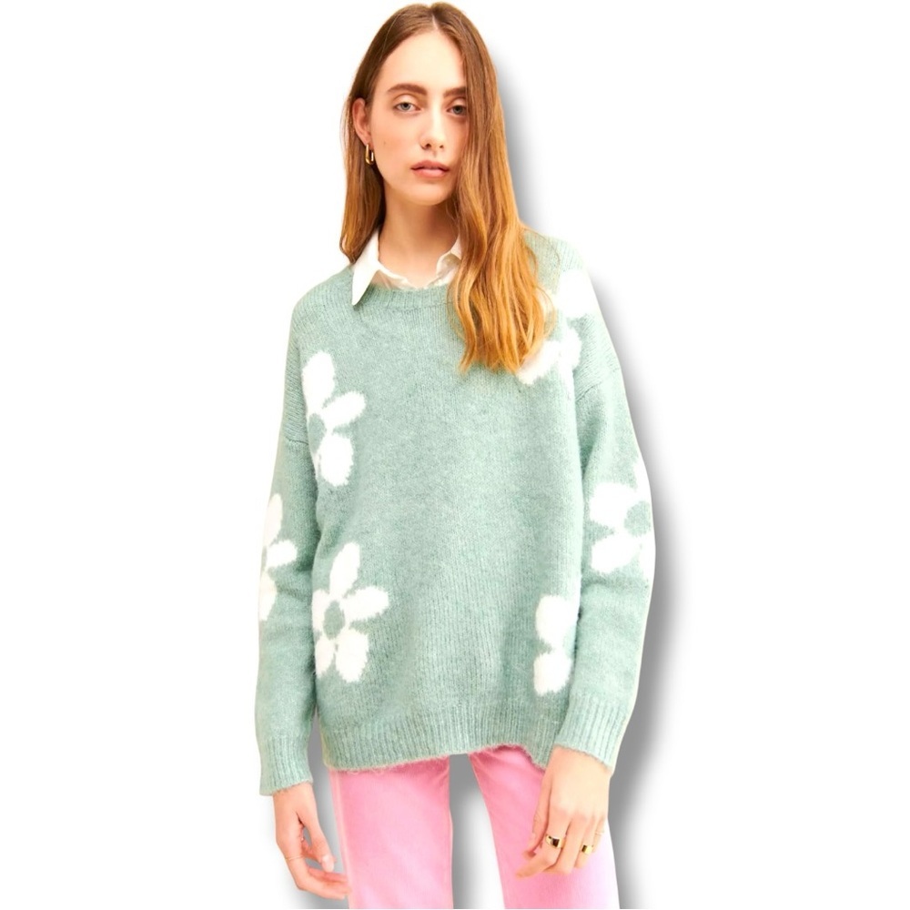 Little Lies M/L Mint Green with White Floral Crewneck Sweater Soft Intarsia Knit